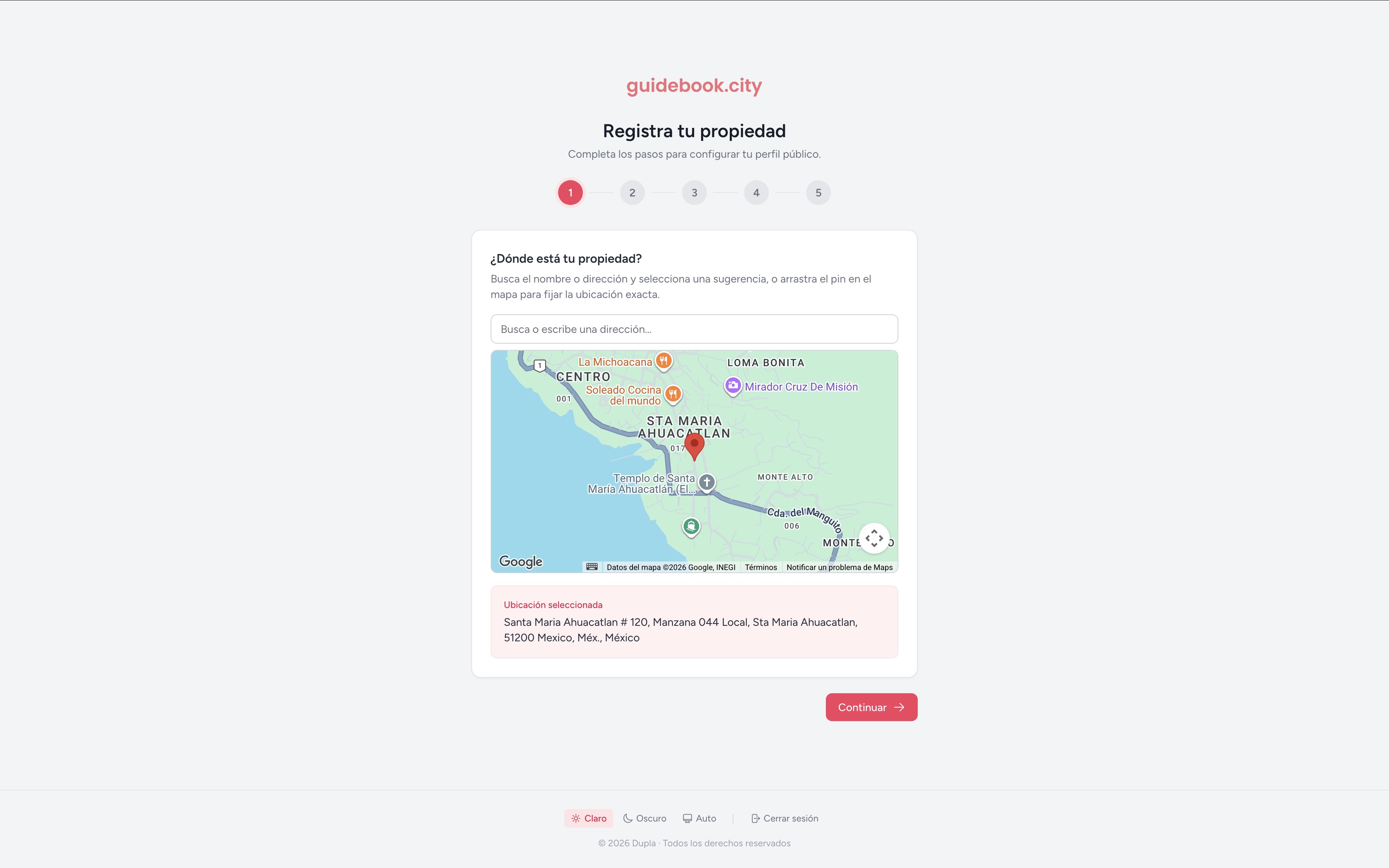Paso 3: mapa del asistente con la ubicación de la propiedad seleccionada.