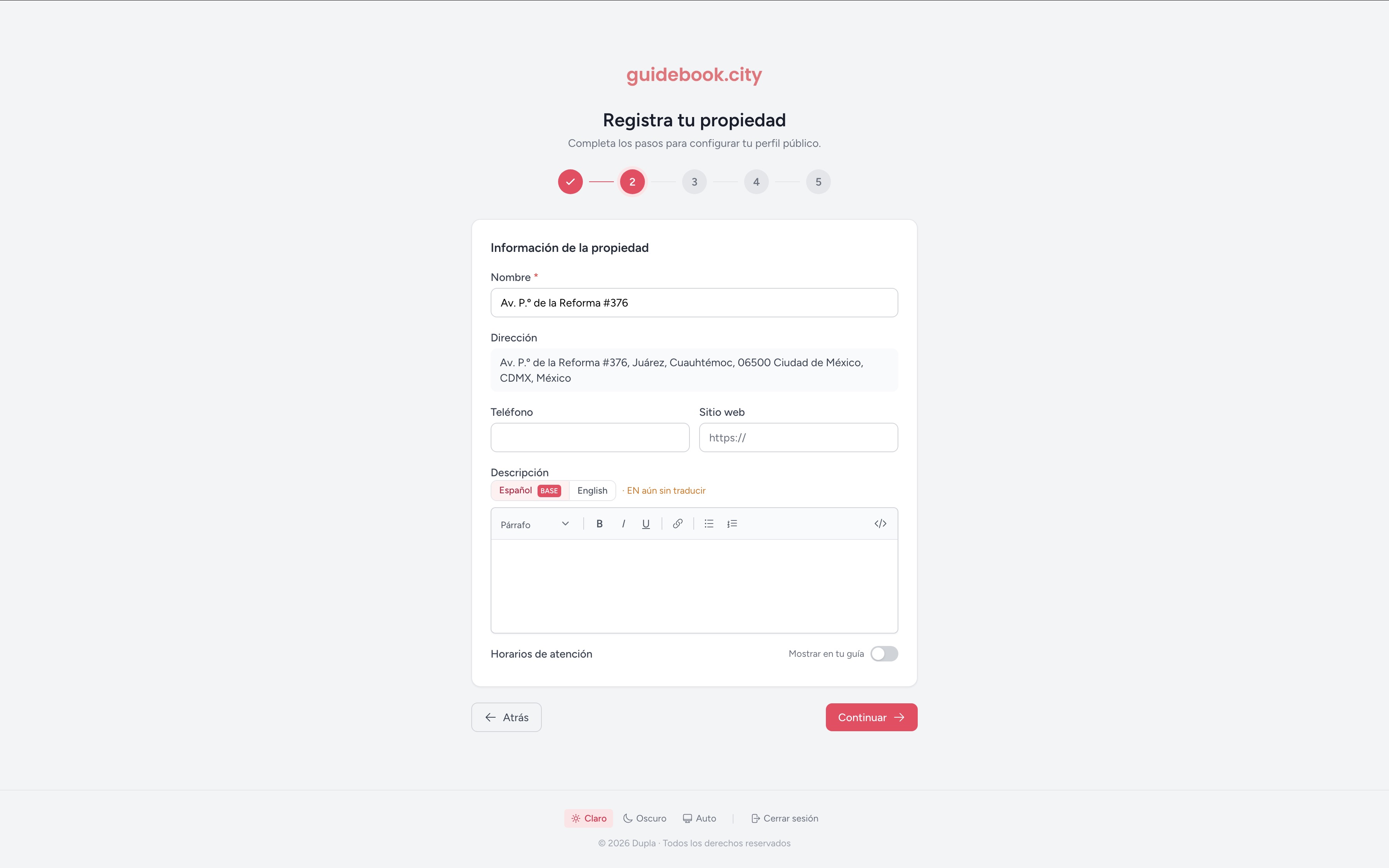 Paso 4: formulario de Información de la propiedad con nombre, teléfono, sitio web, descripción y horarios.