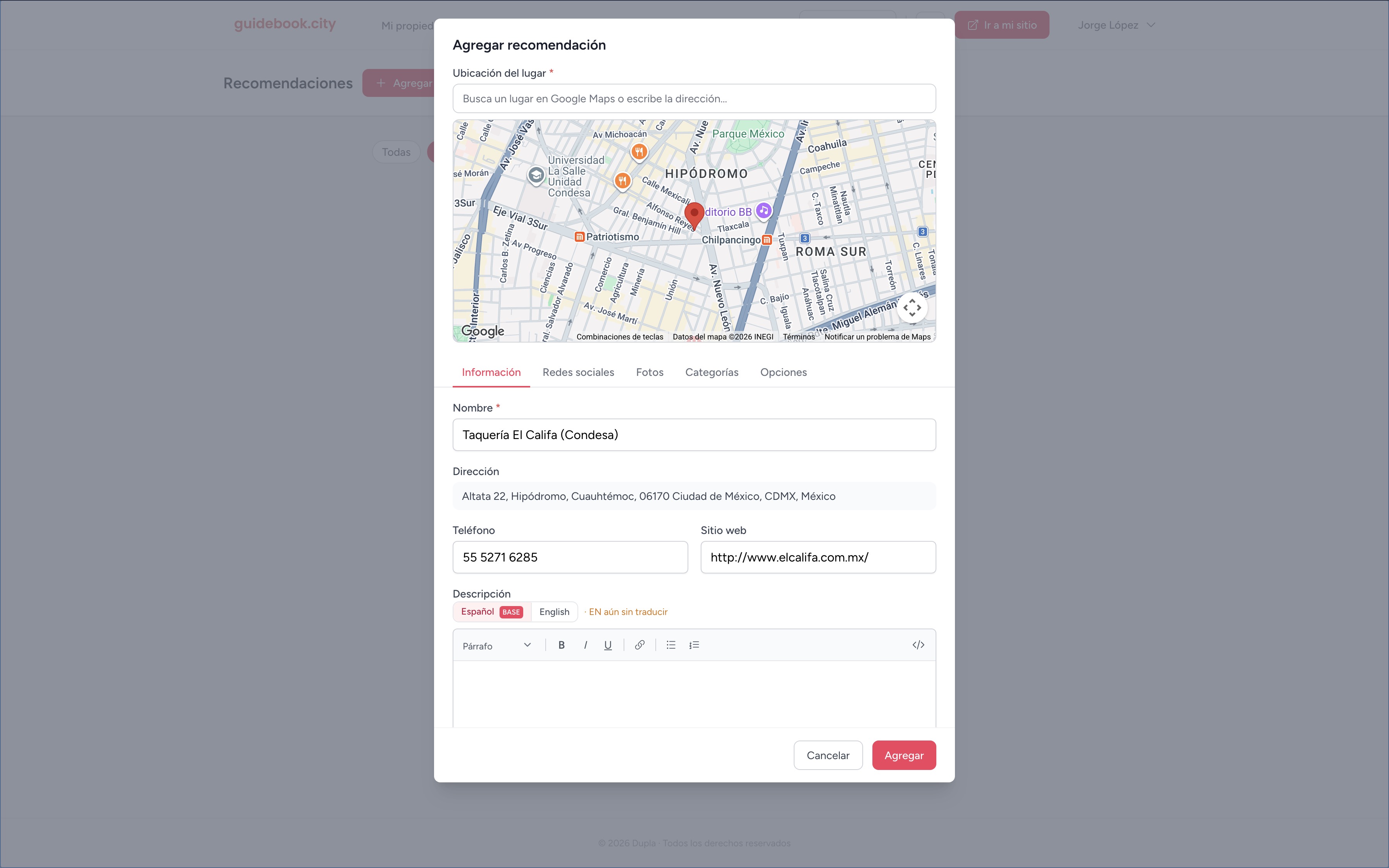 Paso 12: buscar el lugar en Google Maps con los datos prellenados.