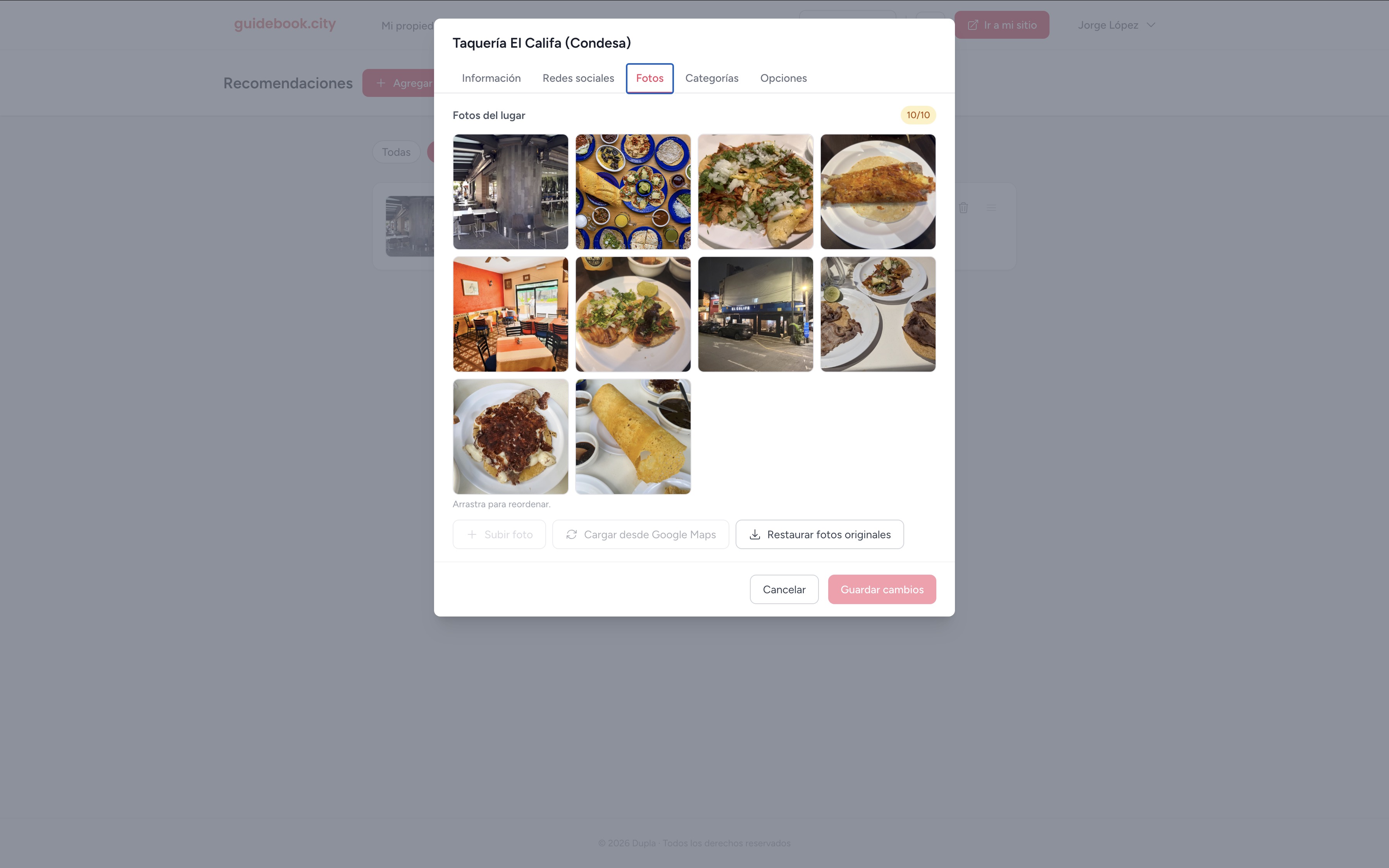 Paso 14: galería de fotos del lugar con opciones para subir o cargar desde Google Maps.