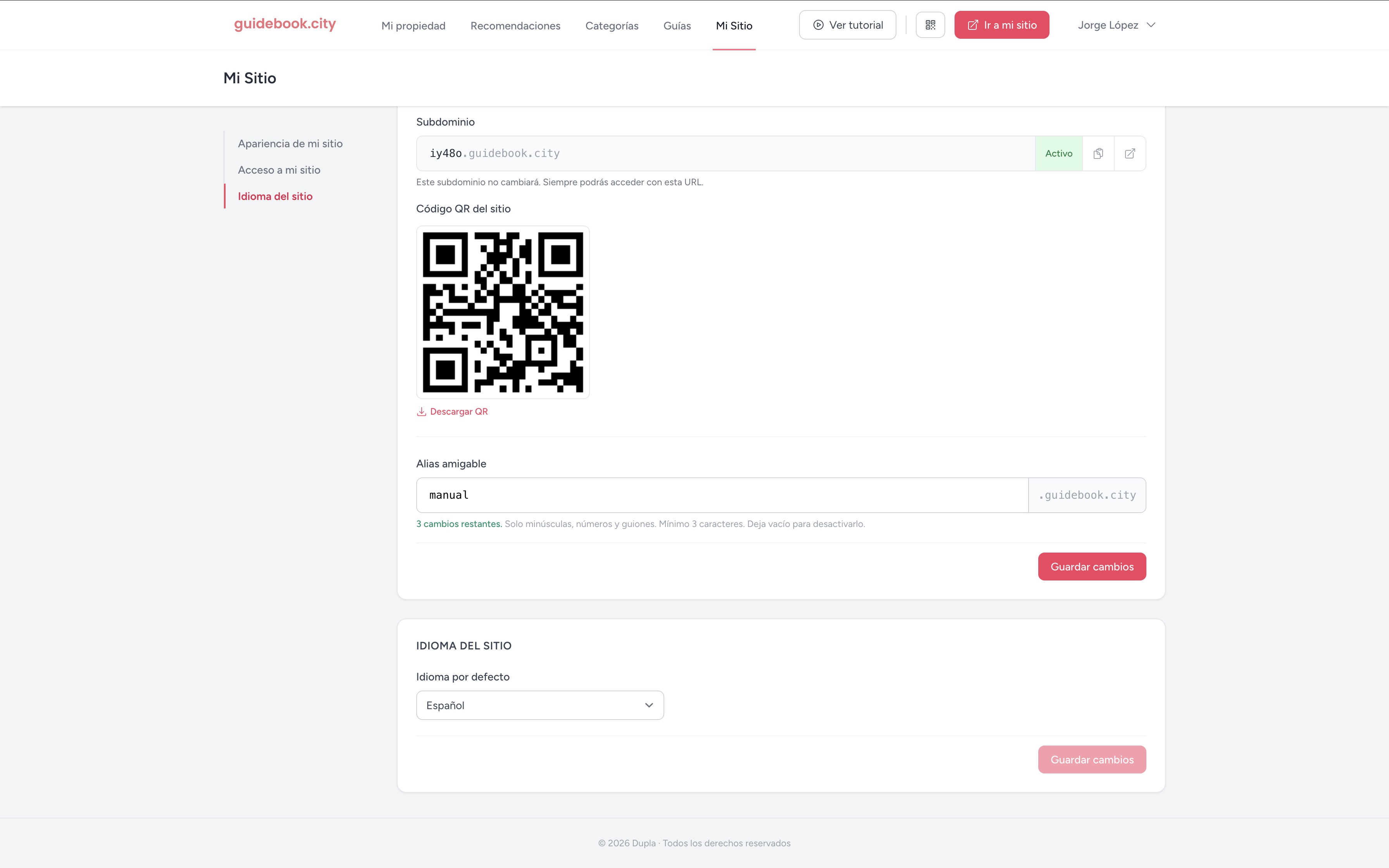 Paso 19: subdominio permanente, código QR descargable y alias amigable del sitio.